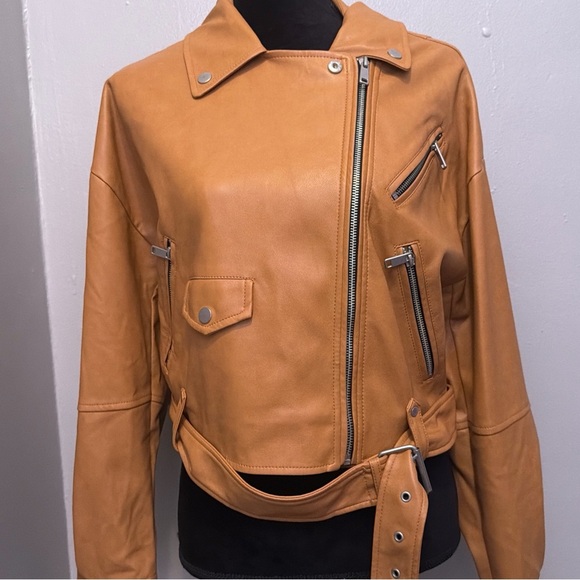 Women's Avec Les Filles Jacket – Camel synthetic leather biker style - Picture 6 of 12